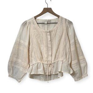 Joie Ivory Broderie Anglaise Cotton Peplum Blouse Top Size M Crochet Lace Snap